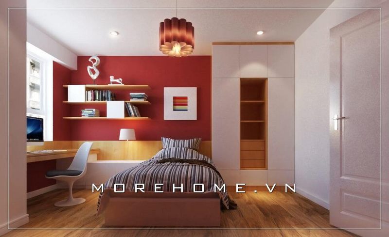 Thiết kế nội thất phòng ngủ con trai đầy ấn tượng với chiếc giường ngủ màu trắng gỗ công nghiệp